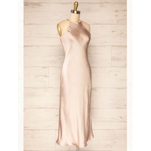 Beige satin halter dress. Never worn. - Picture 1 of 7
